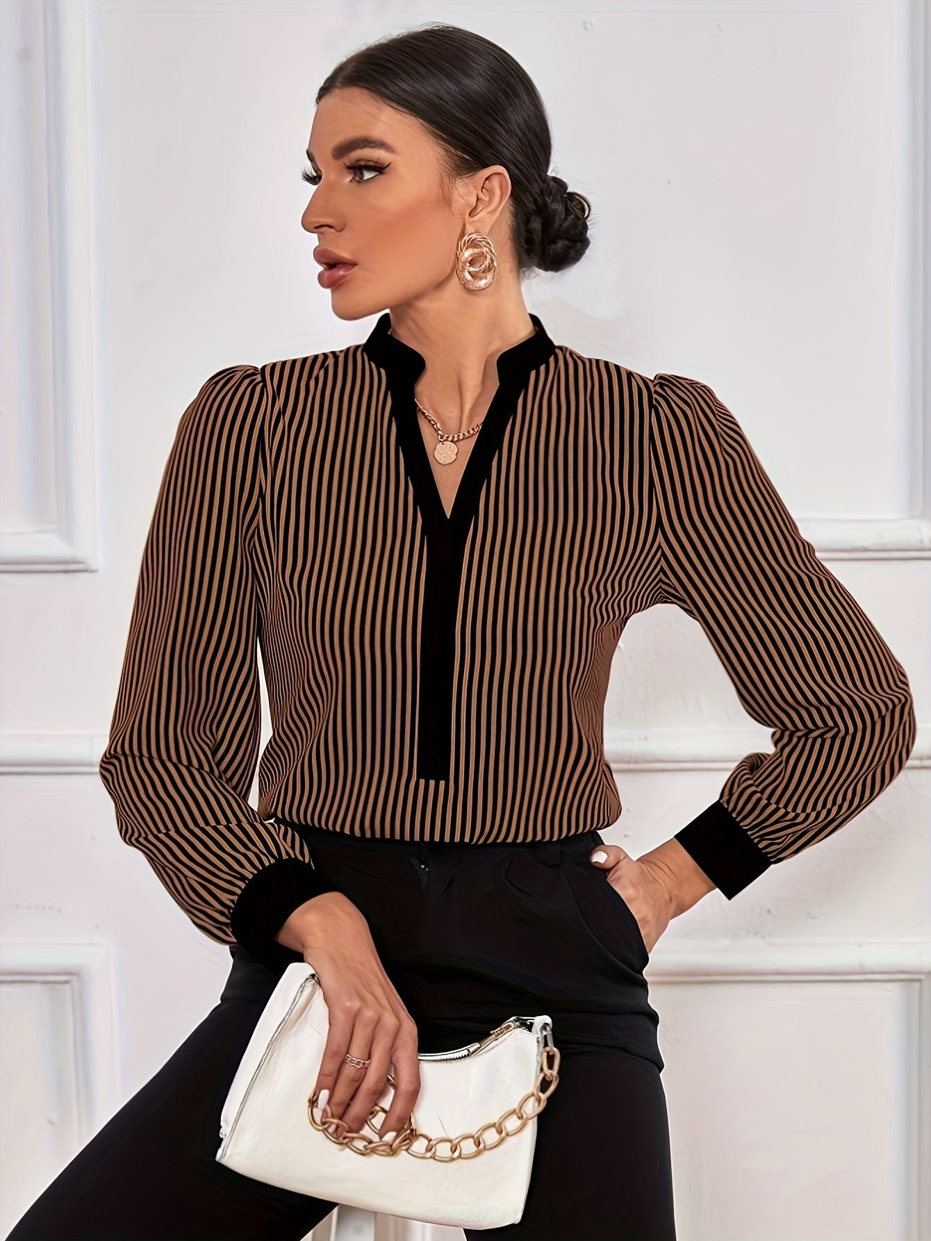 Long Sleeve Notched Neck Chic Striped Print Blouse