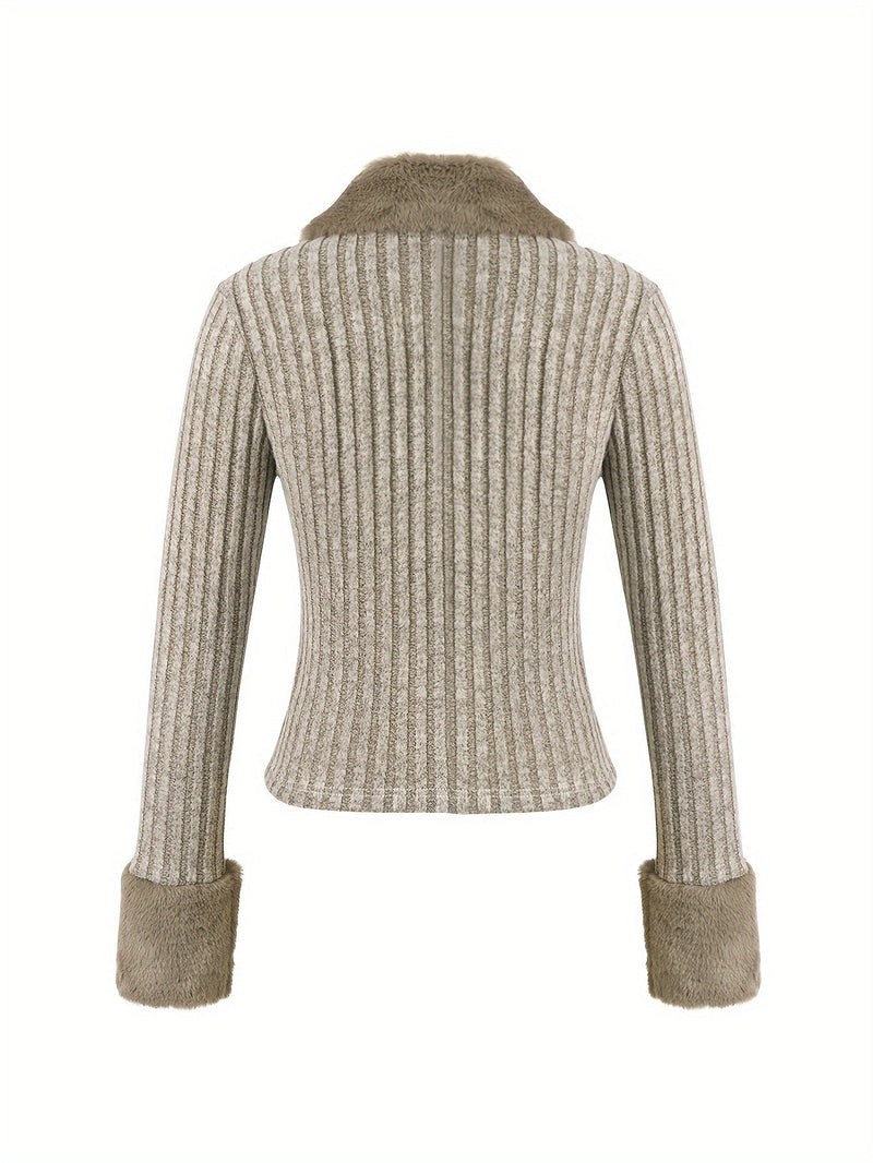 V-Neck Faux Fur Sweater – Zip Accent Knit Top