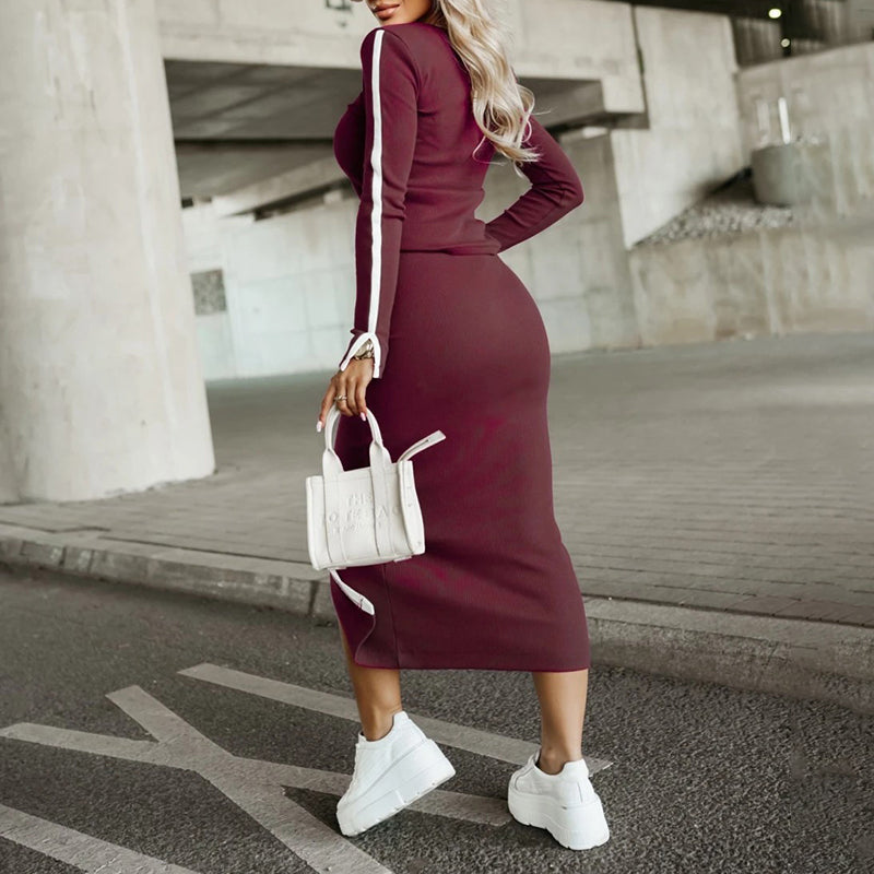 Women's 2 Piece Skirt Set, Fall Long Sleeve Sweatshirt With Midi Skirt Casual Lounge Outfit