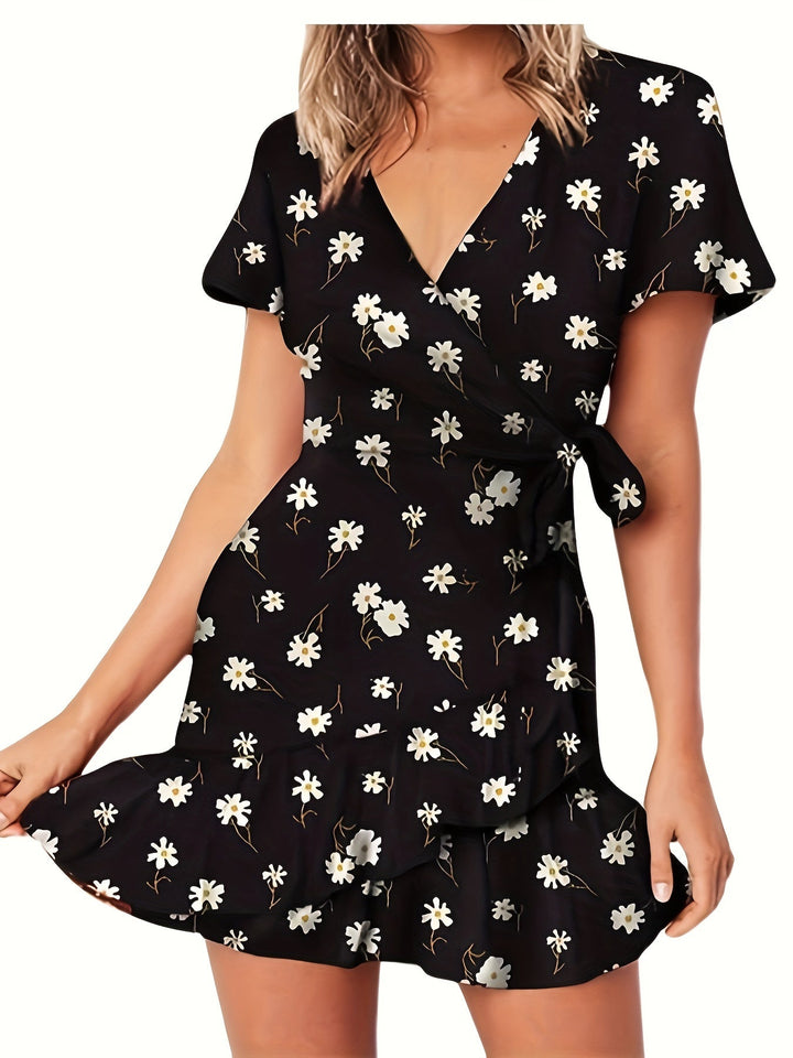 Casual Summer V-Neck Short Sleeve Floral Printed Surplice Neckline Dress