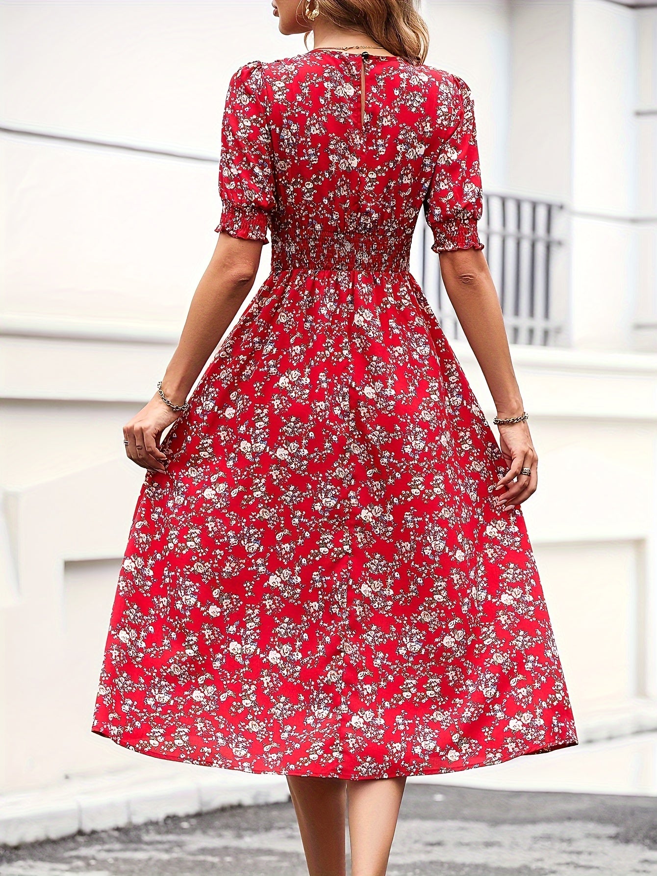 Summery Vibrant and Stretchable Floral Printed Shirred Waist Dress