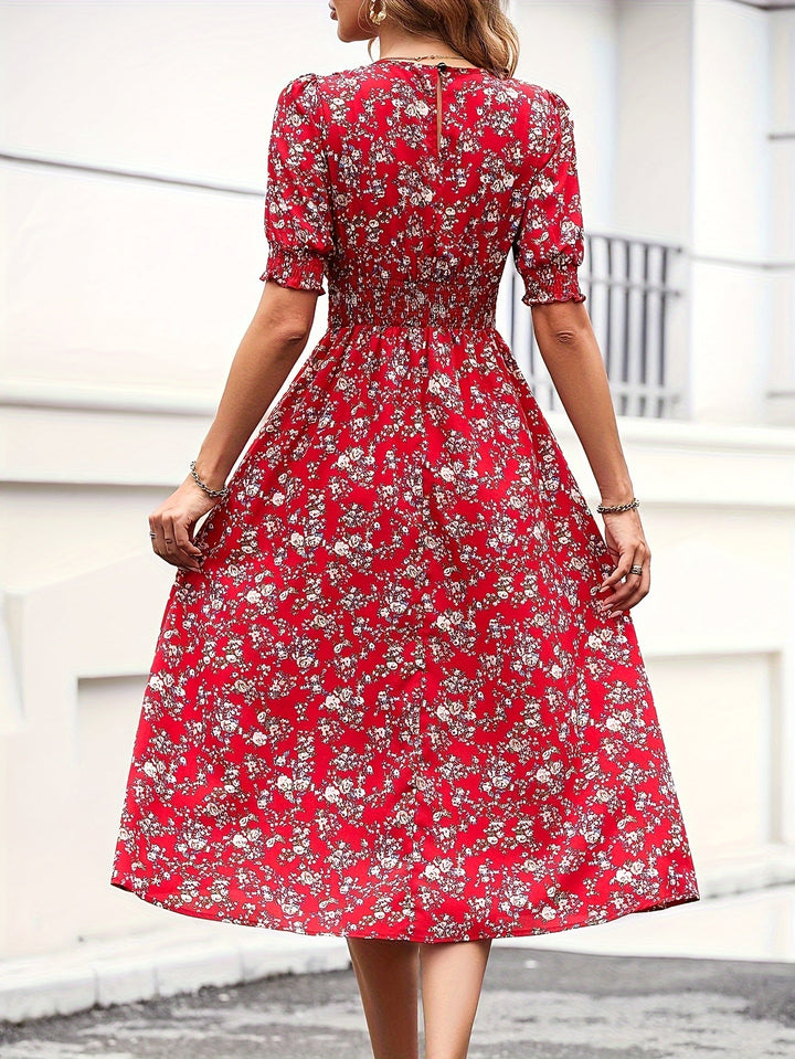 Summery Vibrant and Stretchable Floral Printed Shirred Waist Dress