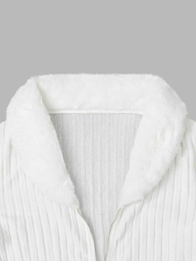 V-Neck Faux Fur Sweater – Zip Accent Knit Top