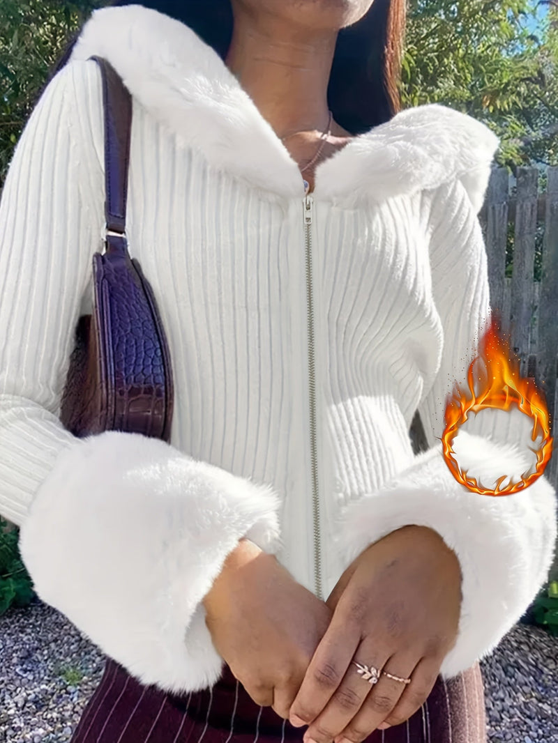 V-Neck Faux Fur Sweater – Zip Accent Knit Top