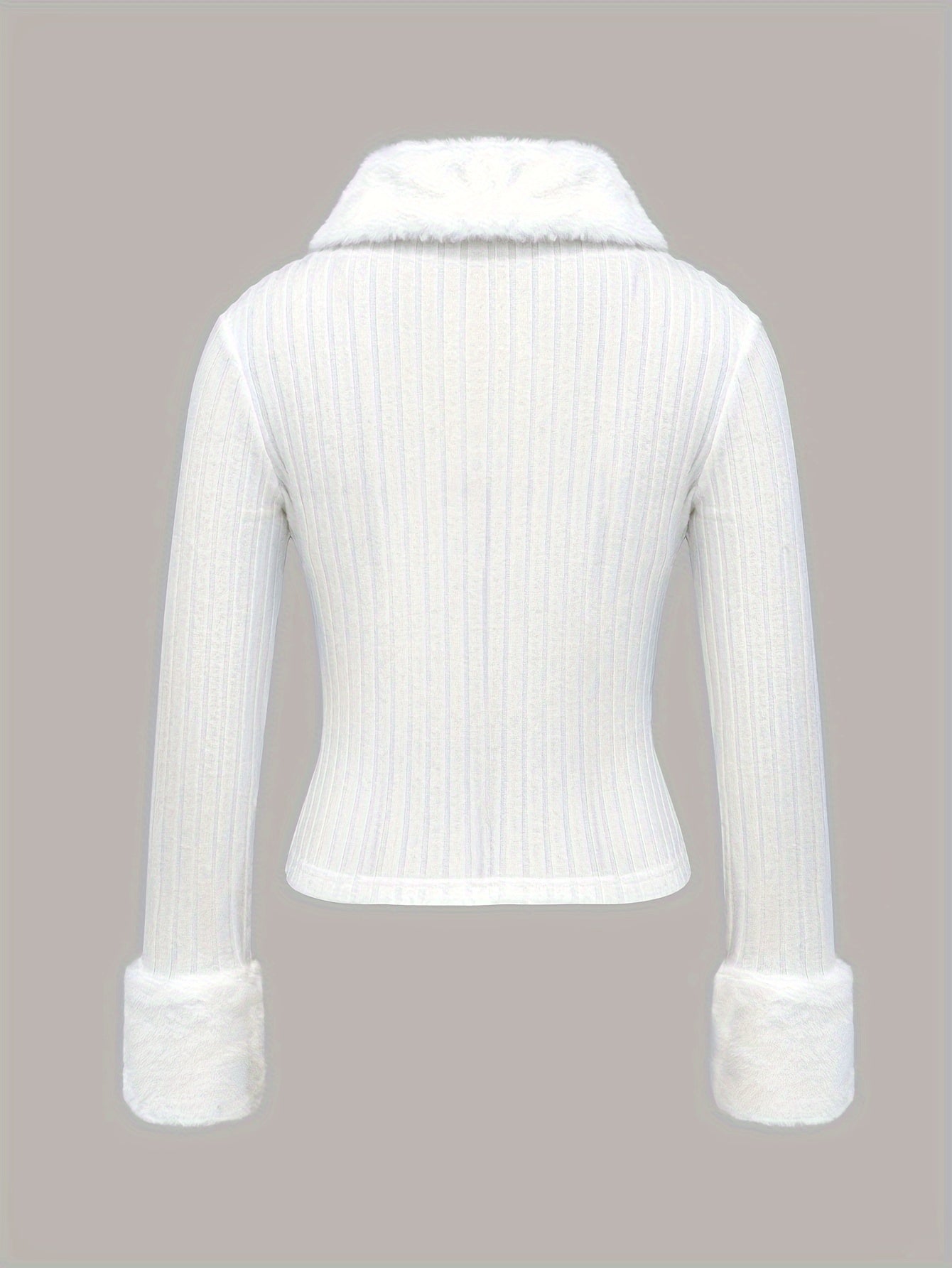 V-Neck Faux Fur Sweater – Zip Accent Knit Top