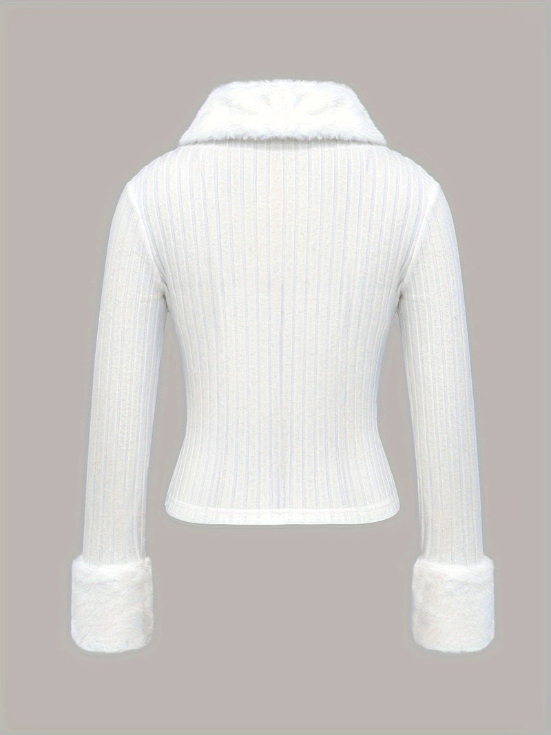 V-Neck Faux Fur Sweater – Zip Accent Knit Top