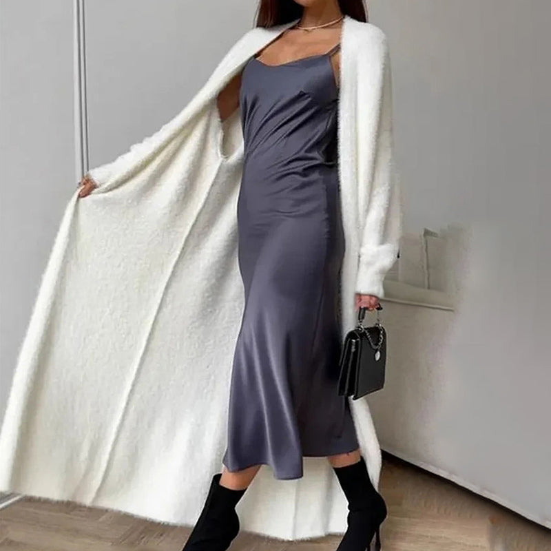 Womens Furry Long Cardigan Open Front Coat