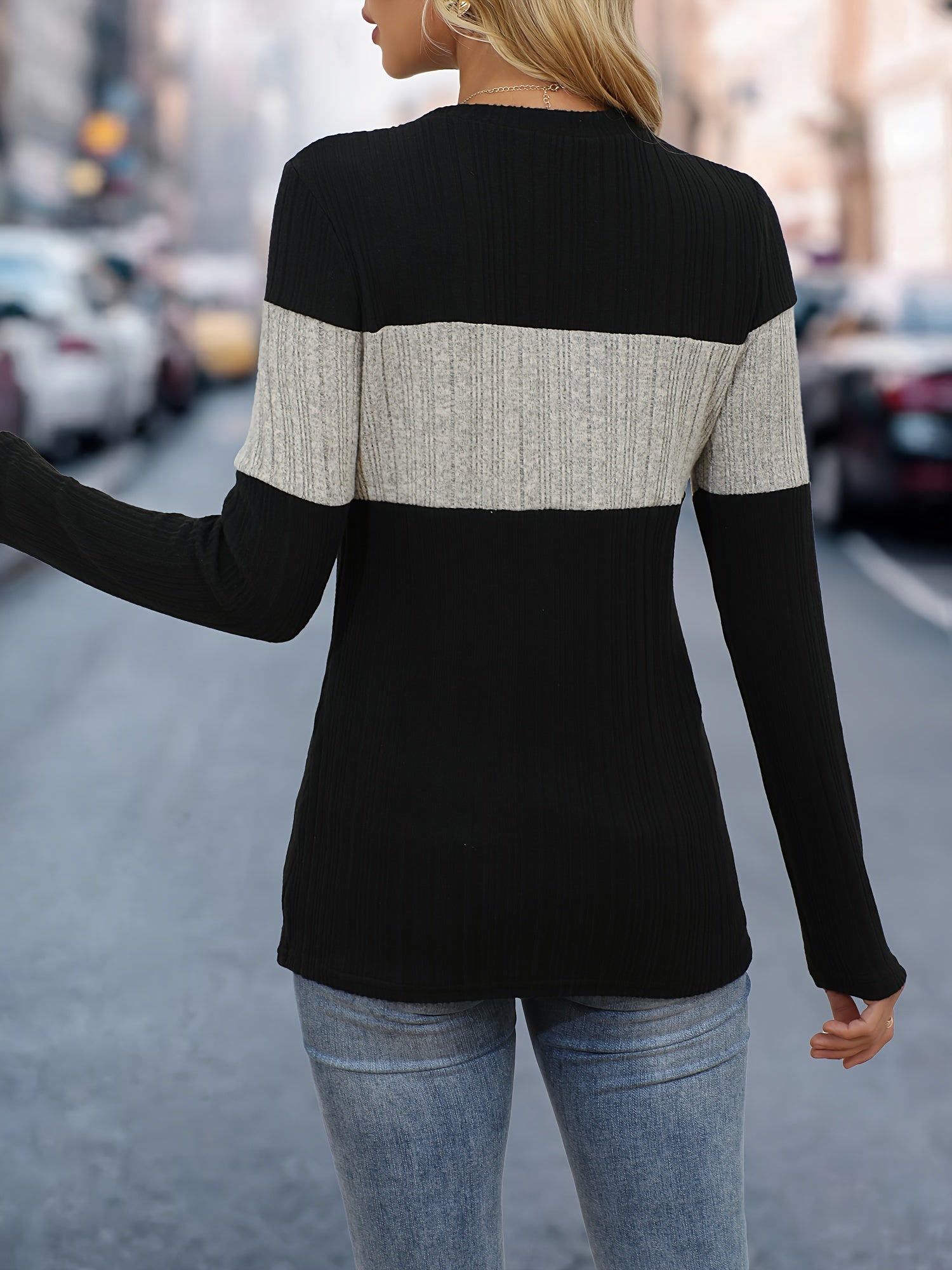 Stylish Long Sleeve Color Block Crew Neck Top