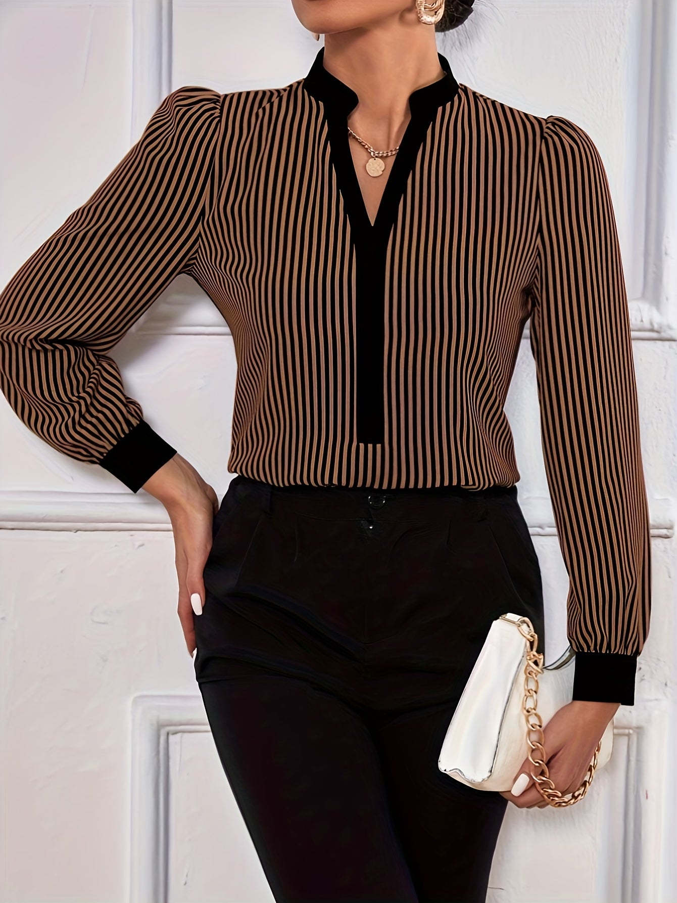 Long Sleeve Notched Neck Chic Striped Print Blouse