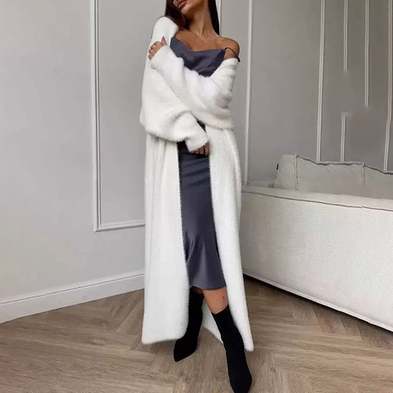 Womens Furry Long Cardigan Open Front Coat