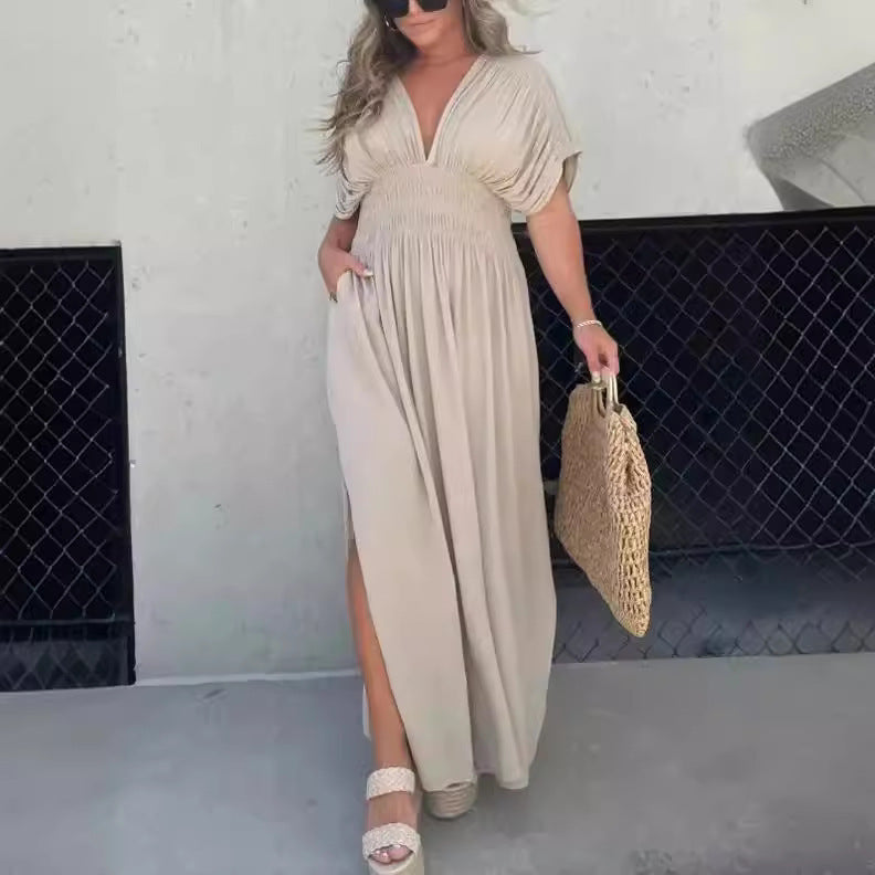 Fashion Bat-sleeved V-neck Slit Summer Dress