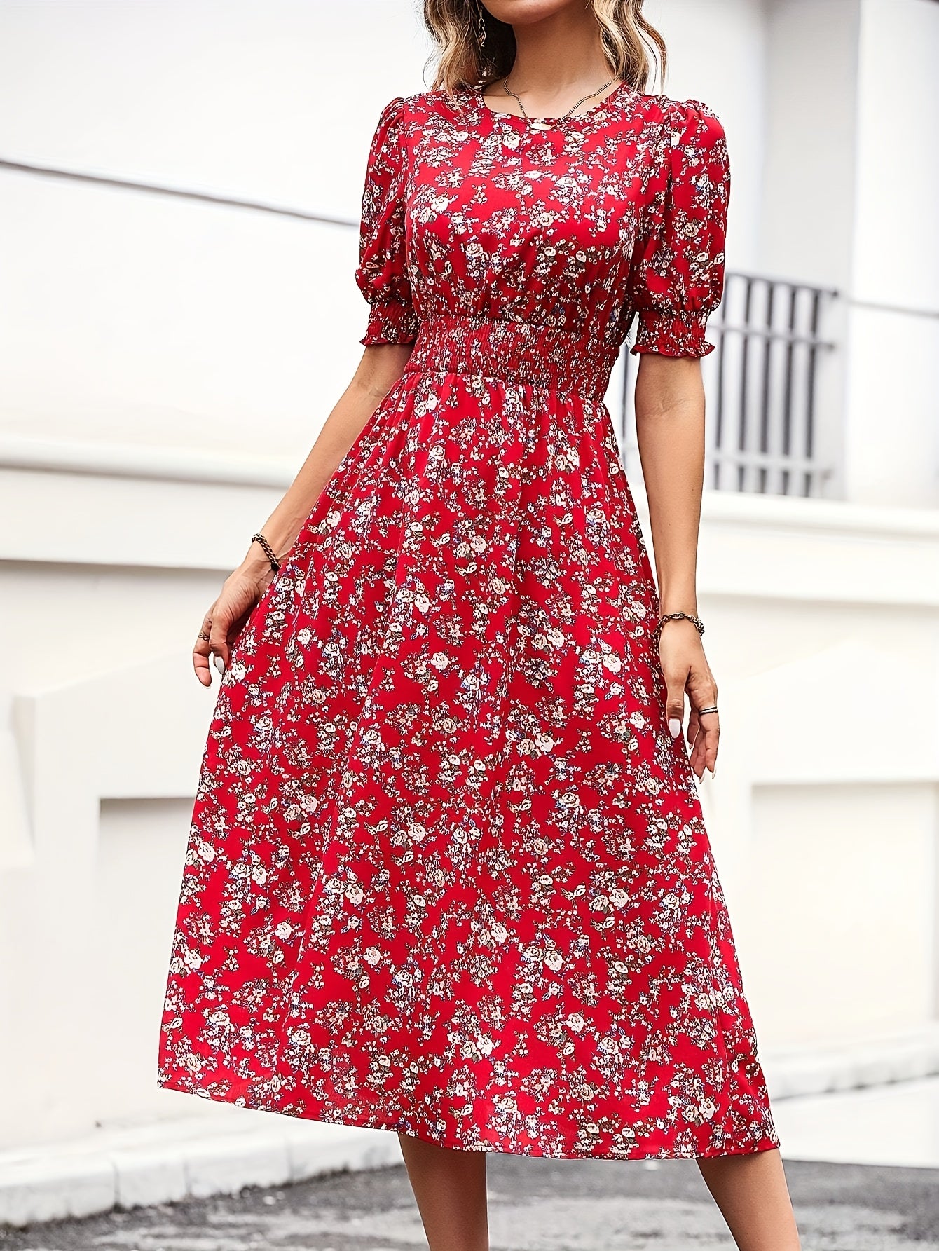 Summery Vibrant and Stretchable Floral Printed Shirred Waist Dress